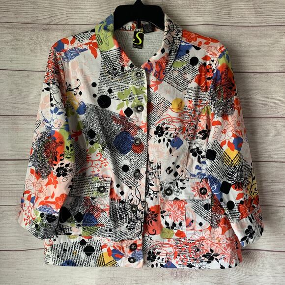 Sportelle Multi-Color Blazer Jacket 3/4 Sleeves Button Up Floral Text Size M - Picture 1 of 15